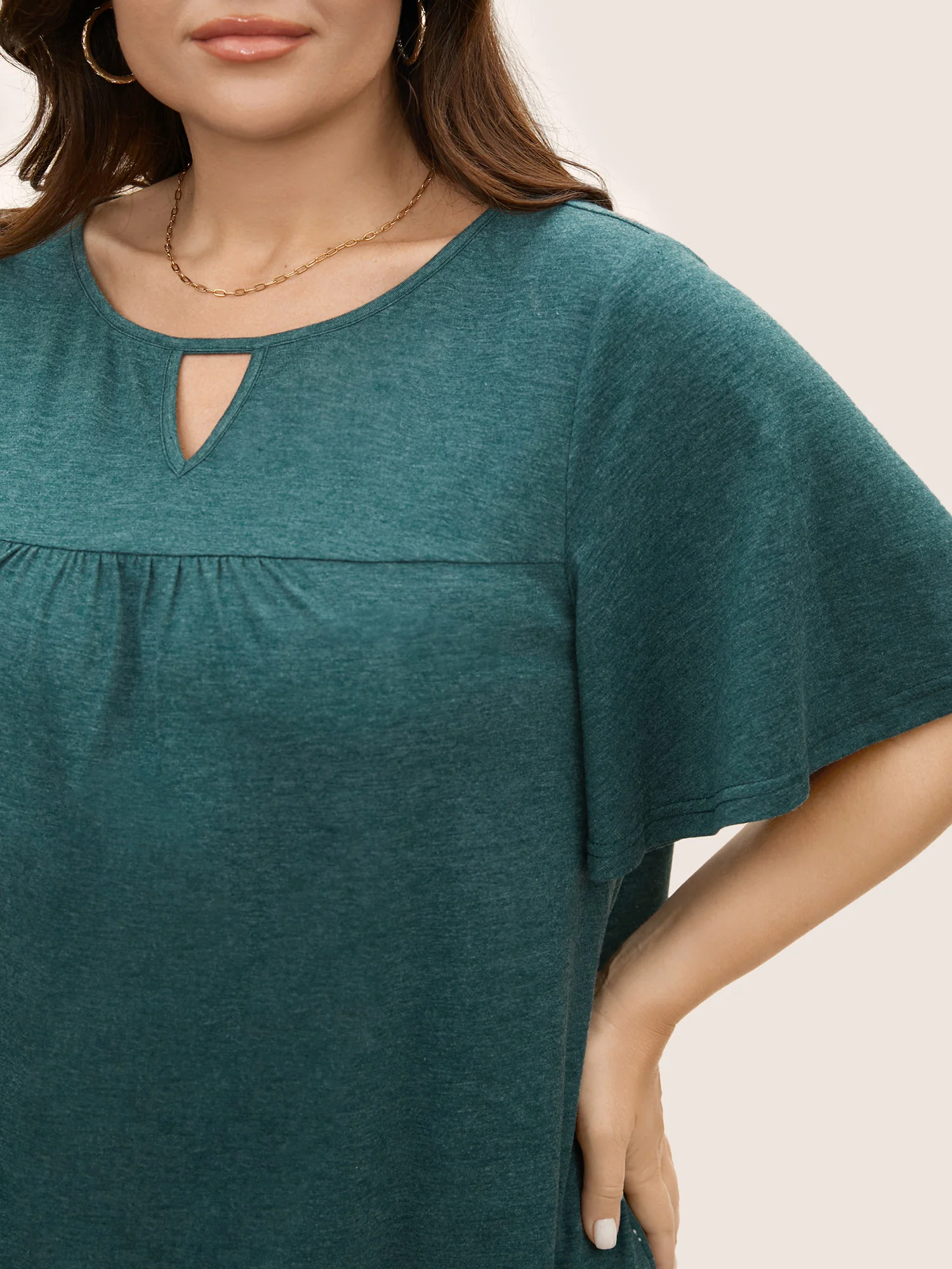 Plain Ruffle Sleeve Keyhole Gathered Crew Neck T-shirt - Image 11