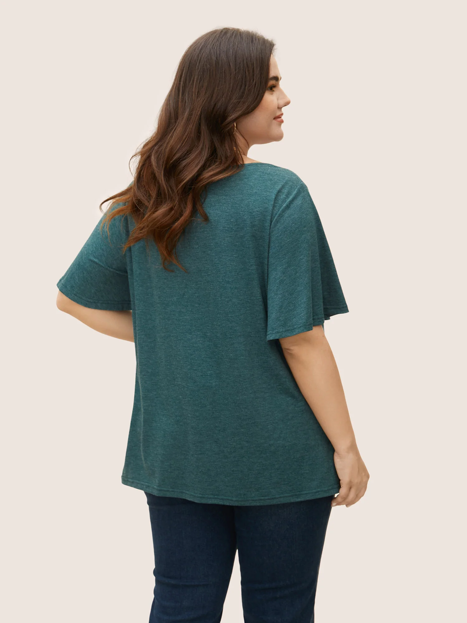 Plain Ruffle Sleeve Keyhole Gathered Crew Neck T-shirt - Image 12