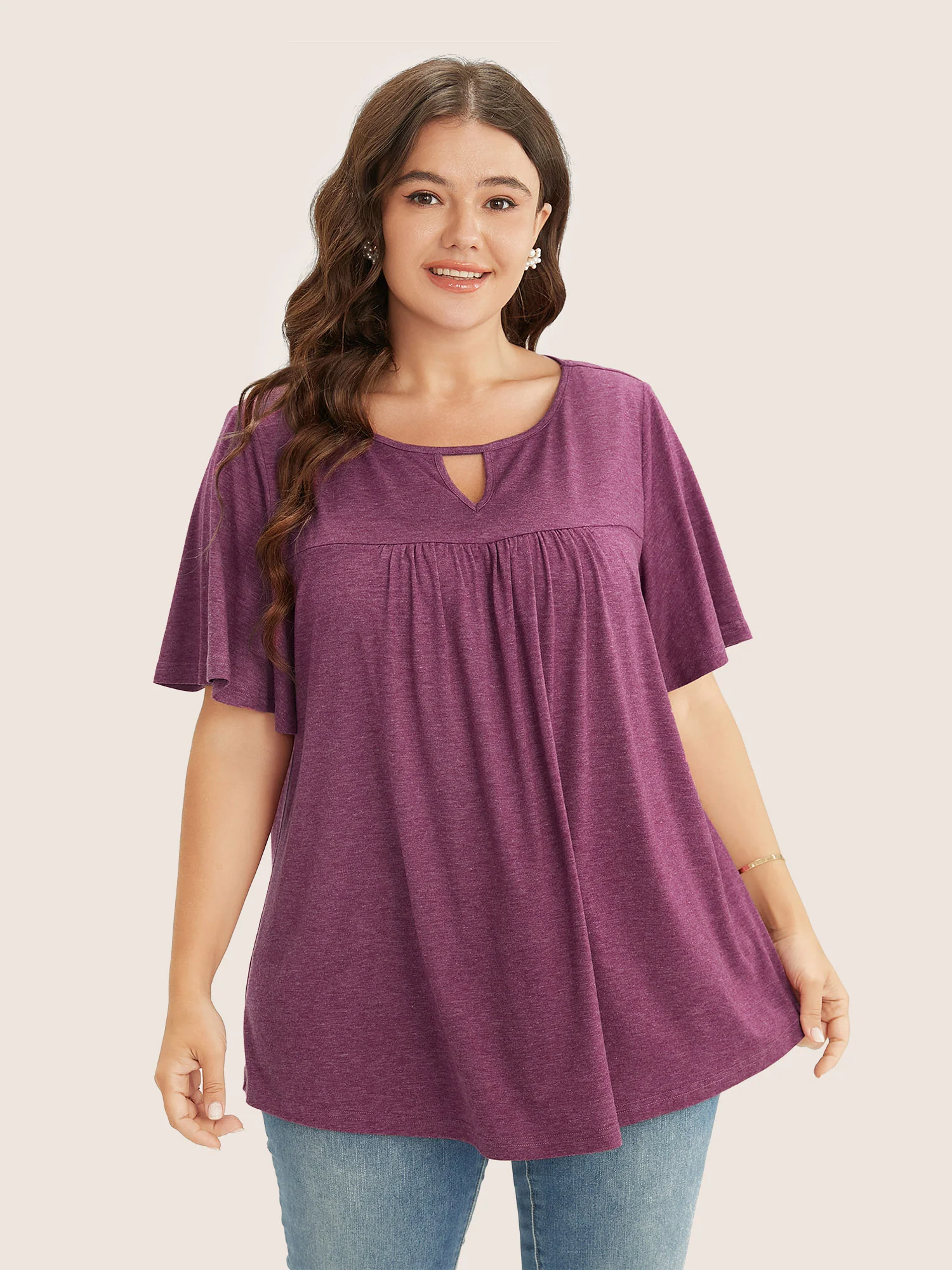 Plain Ruffle Sleeve Keyhole Gathered Crew Neck T-shirt - Image 16