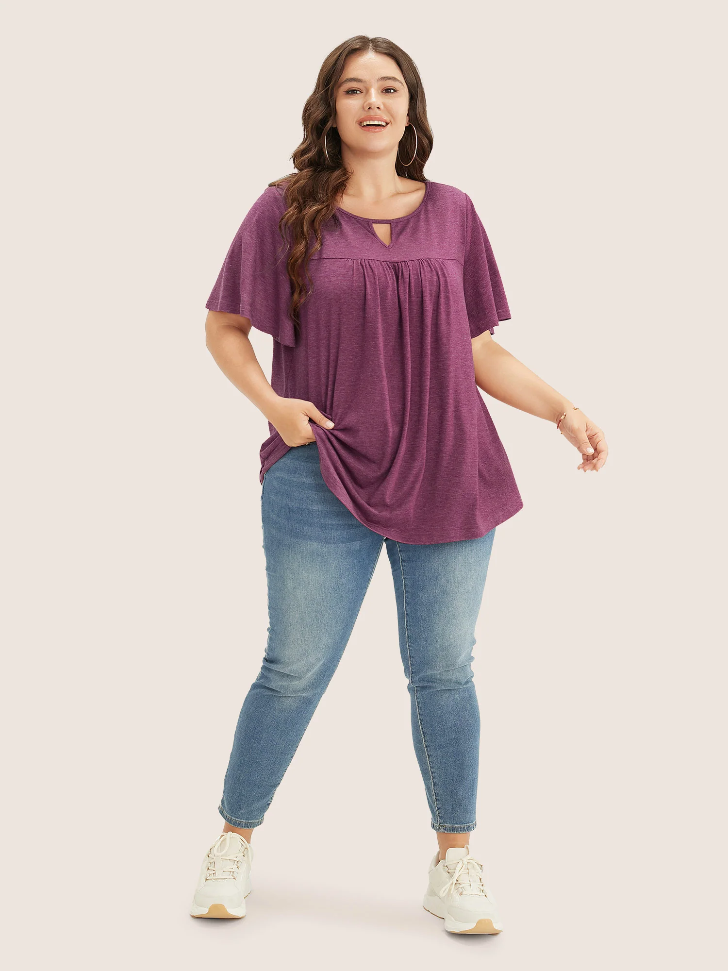 Plain Ruffle Sleeve Keyhole Gathered Crew Neck T-shirt - Image 17