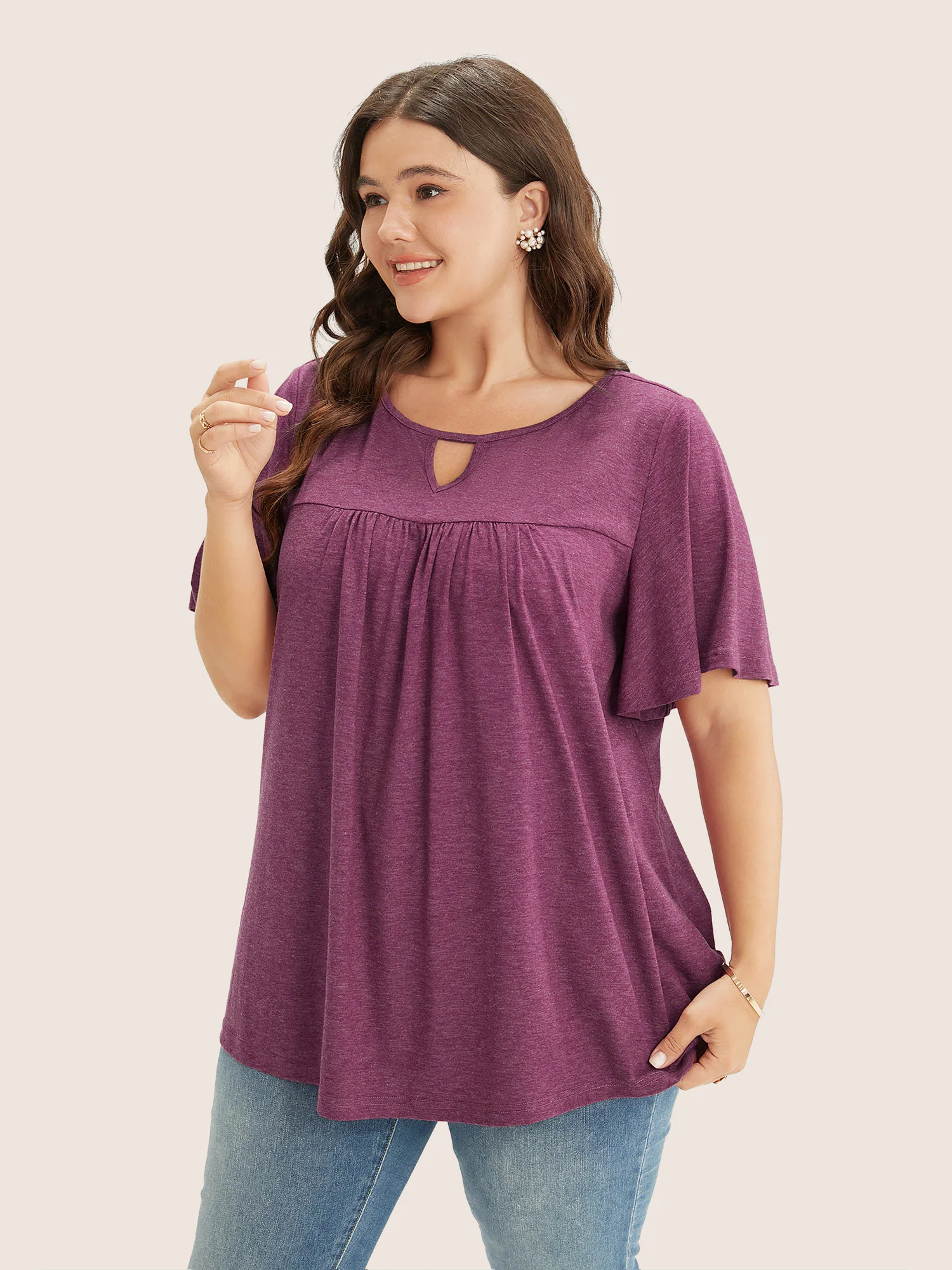 Plain Ruffle Sleeve Keyhole Gathered Crew Neck T-shirt - Image 18
