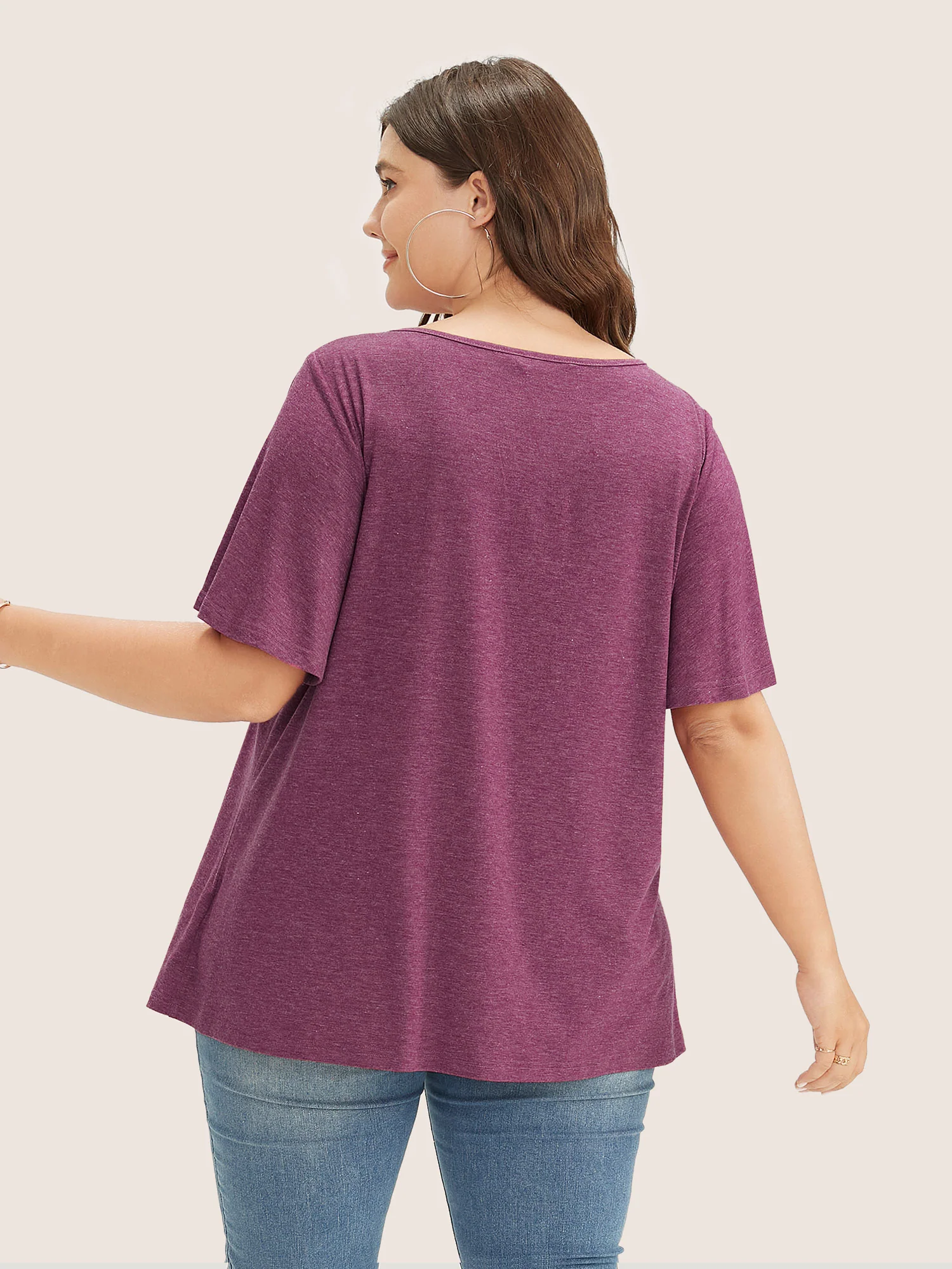 Plain Ruffle Sleeve Keyhole Gathered Crew Neck T-shirt - Image 19