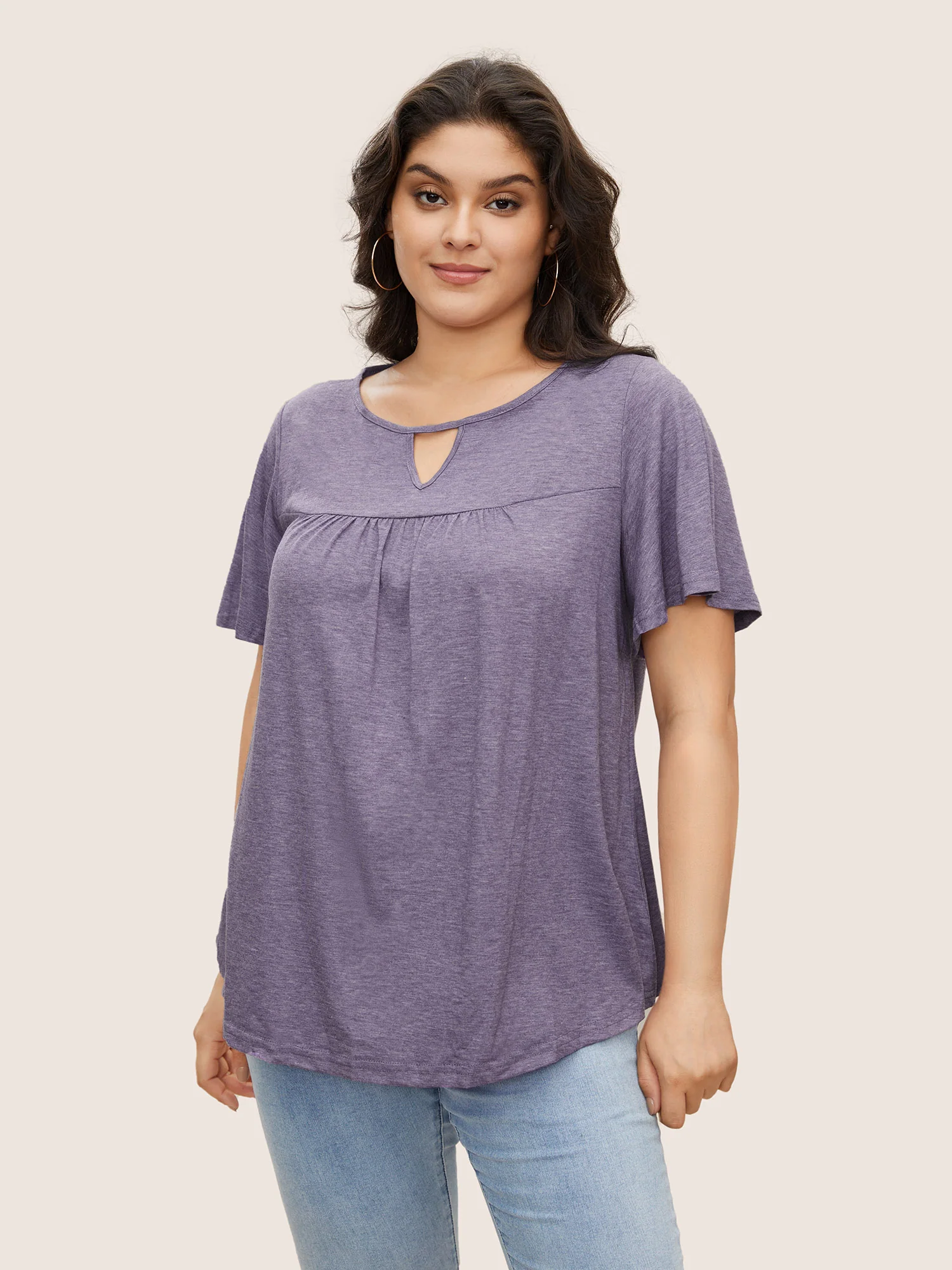 Plain Ruffle Sleeve Keyhole Gathered Crew Neck T-shirt - Image 5
