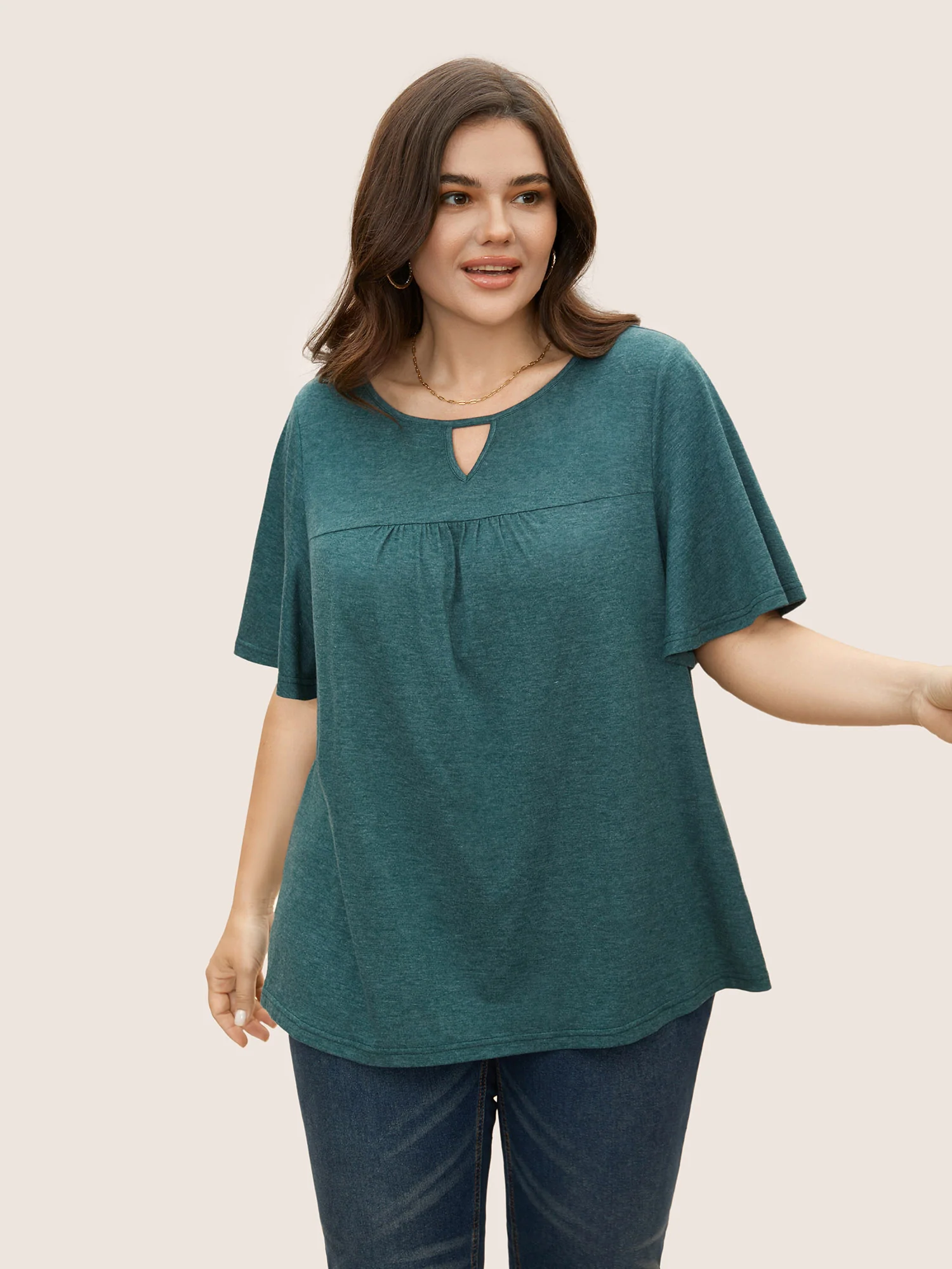 Plain Ruffle Sleeve Keyhole Gathered Crew Neck T-shirt - Image 9