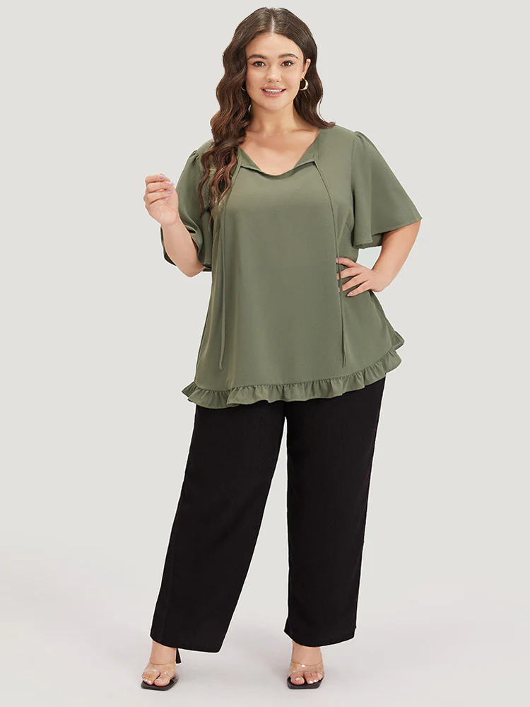 Plain Ruffle Sleeve Knot Neck Frill Trim Woven Top - Image 2