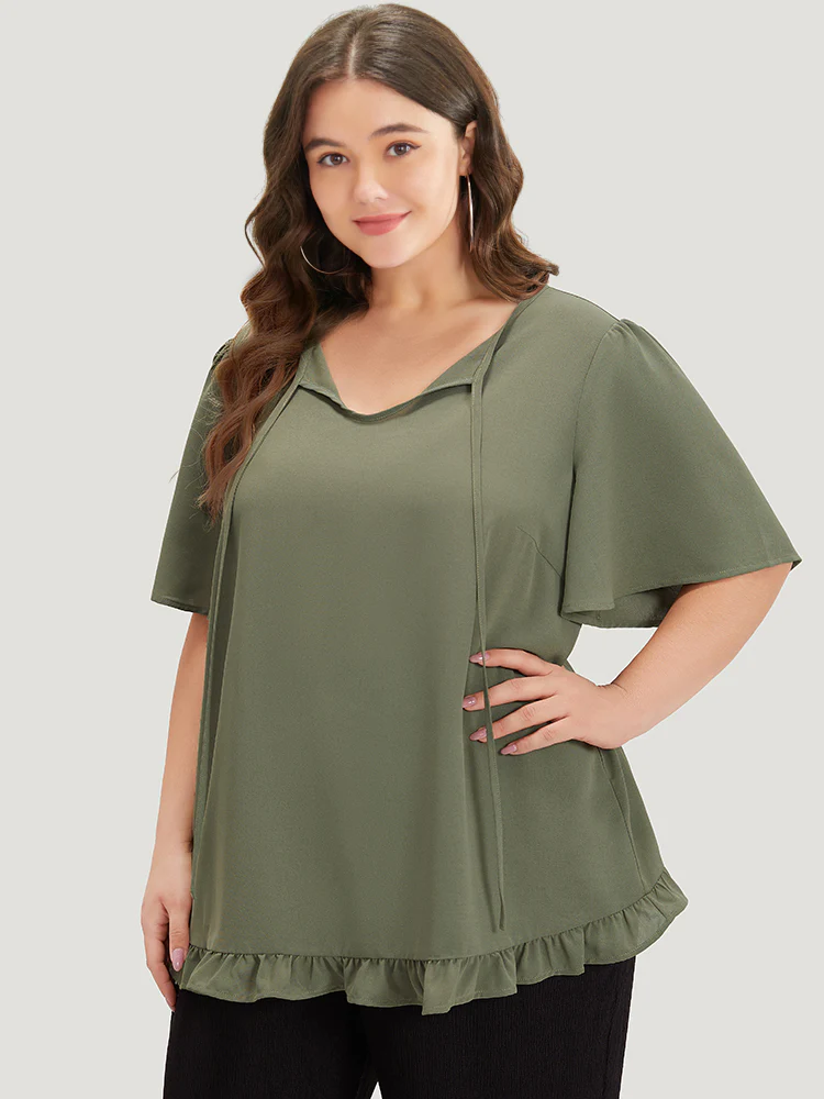 Plain Ruffle Sleeve Knot Neck Frill Trim Woven Top - Image 3