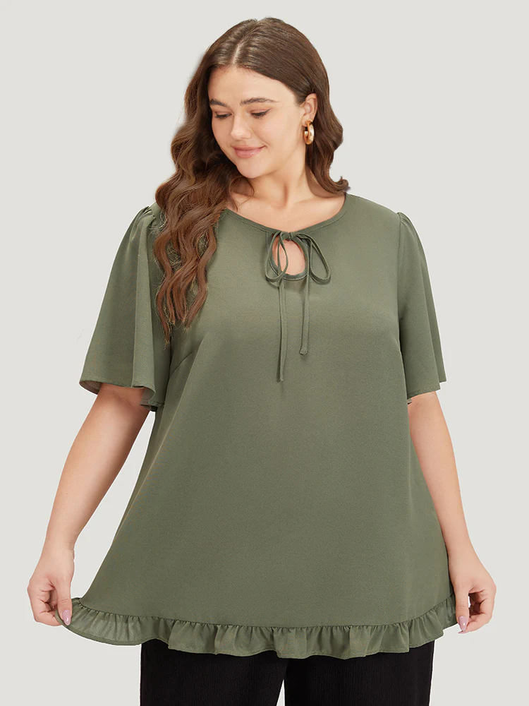 Plain Ruffle Sleeve Knot Neck Frill Trim Woven Top - Image 4