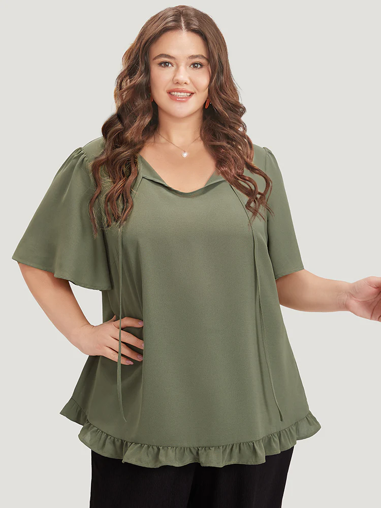 Plain Ruffle Sleeve Knot Neck Frill Trim Woven Top - Image 5