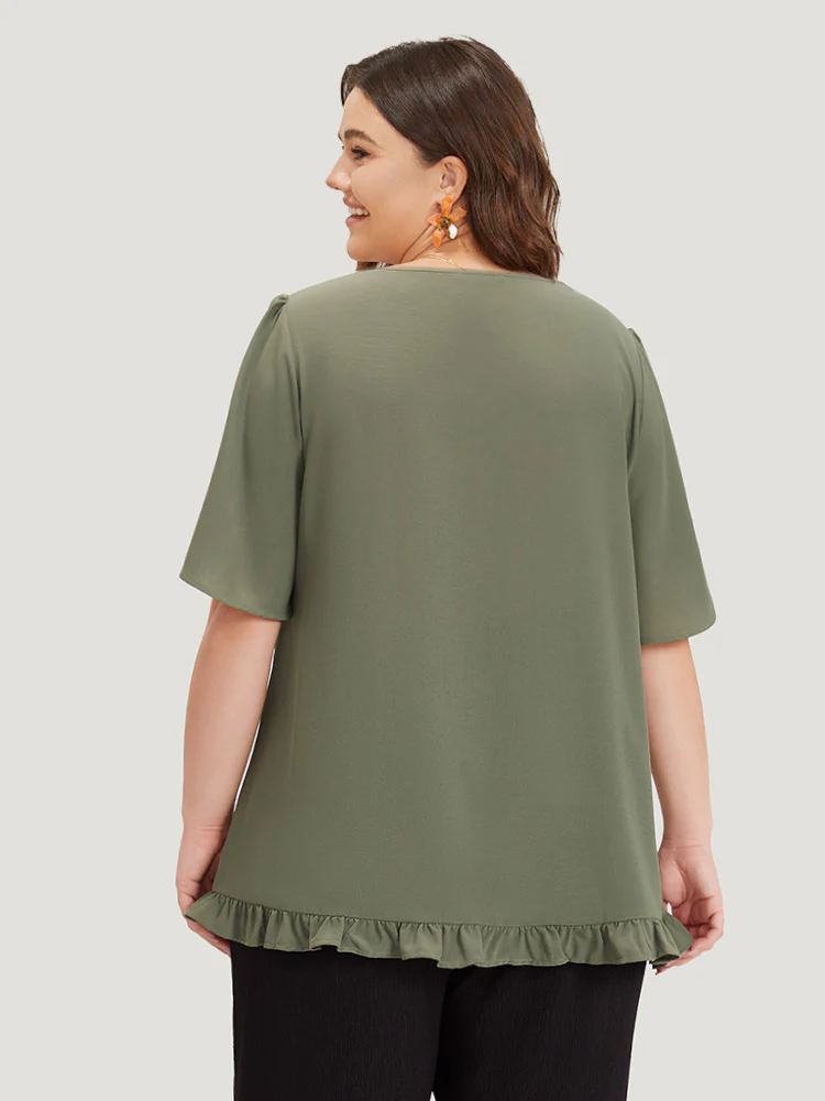 Plain Ruffle Sleeve Knot Neck Frill Trim Woven Top - Image 6