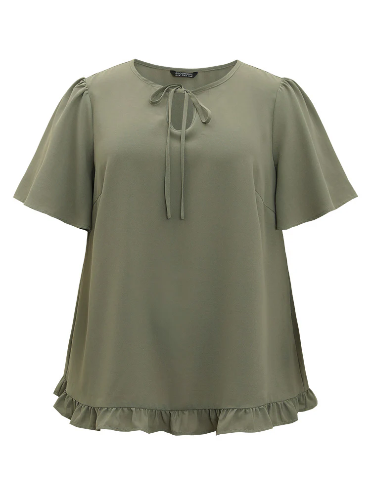 Plain Ruffle Sleeve Knot Neck Frill Trim Woven Top - Image 9