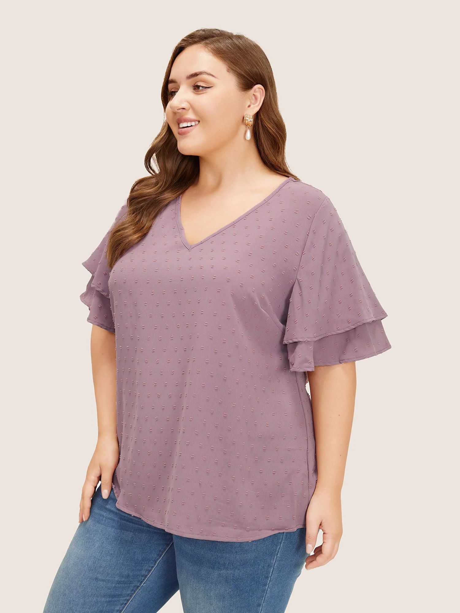 Plain Ruffle Tiered Sleeve V Neck Polka Dot Blouse - Image 10