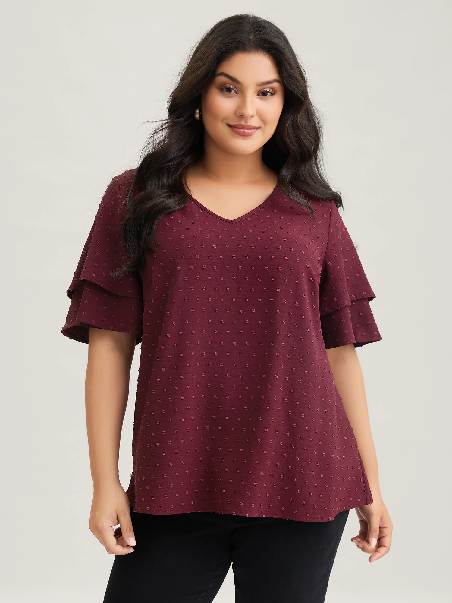Plain Ruffle Tiered Sleeve V Neck Polka Dot Blouse - Image 2