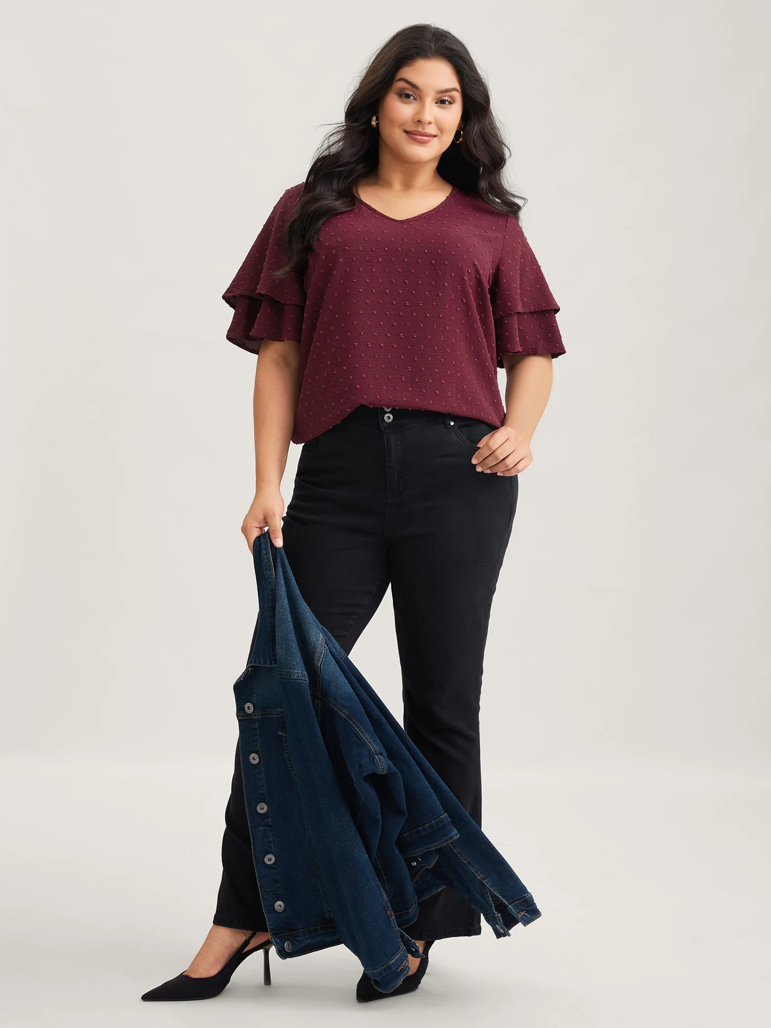 Plain Ruffle Tiered Sleeve V Neck Polka Dot Blouse - Image 3
