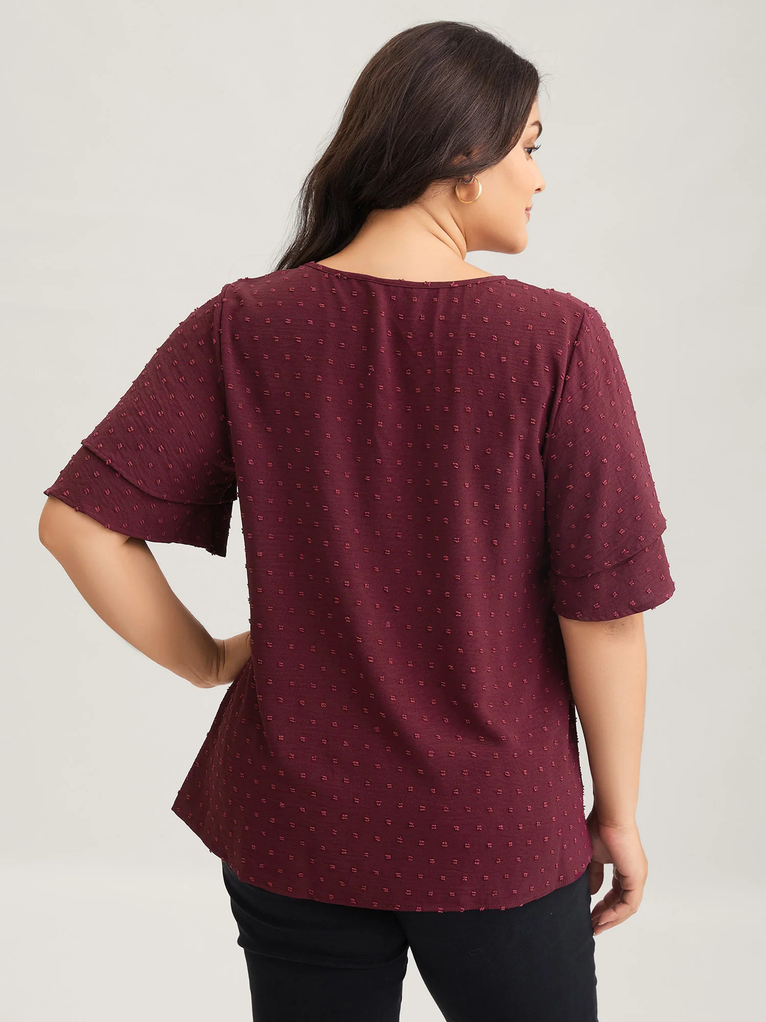 Plain Ruffle Tiered Sleeve V Neck Polka Dot Blouse - Image 4