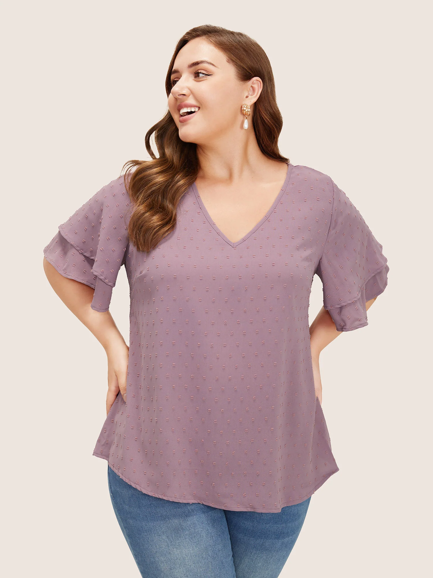 Plain Ruffle Tiered Sleeve V Neck Polka Dot Blouse - Image 8