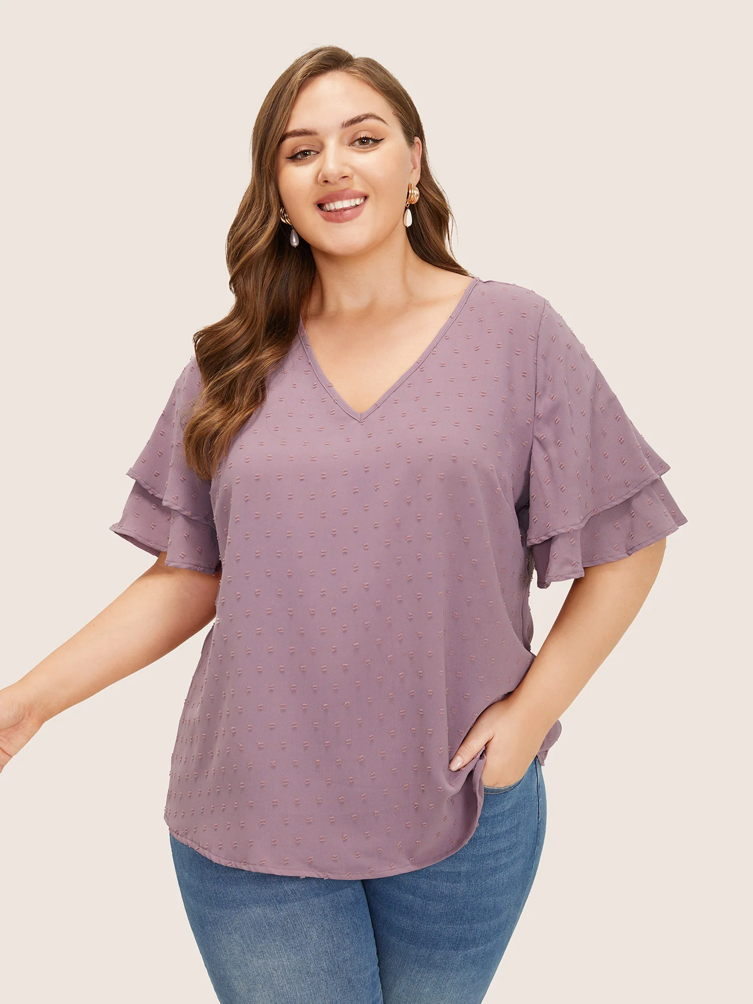 Plain Ruffle Tiered Sleeve V Neck Polka Dot Blouse - Image 9
