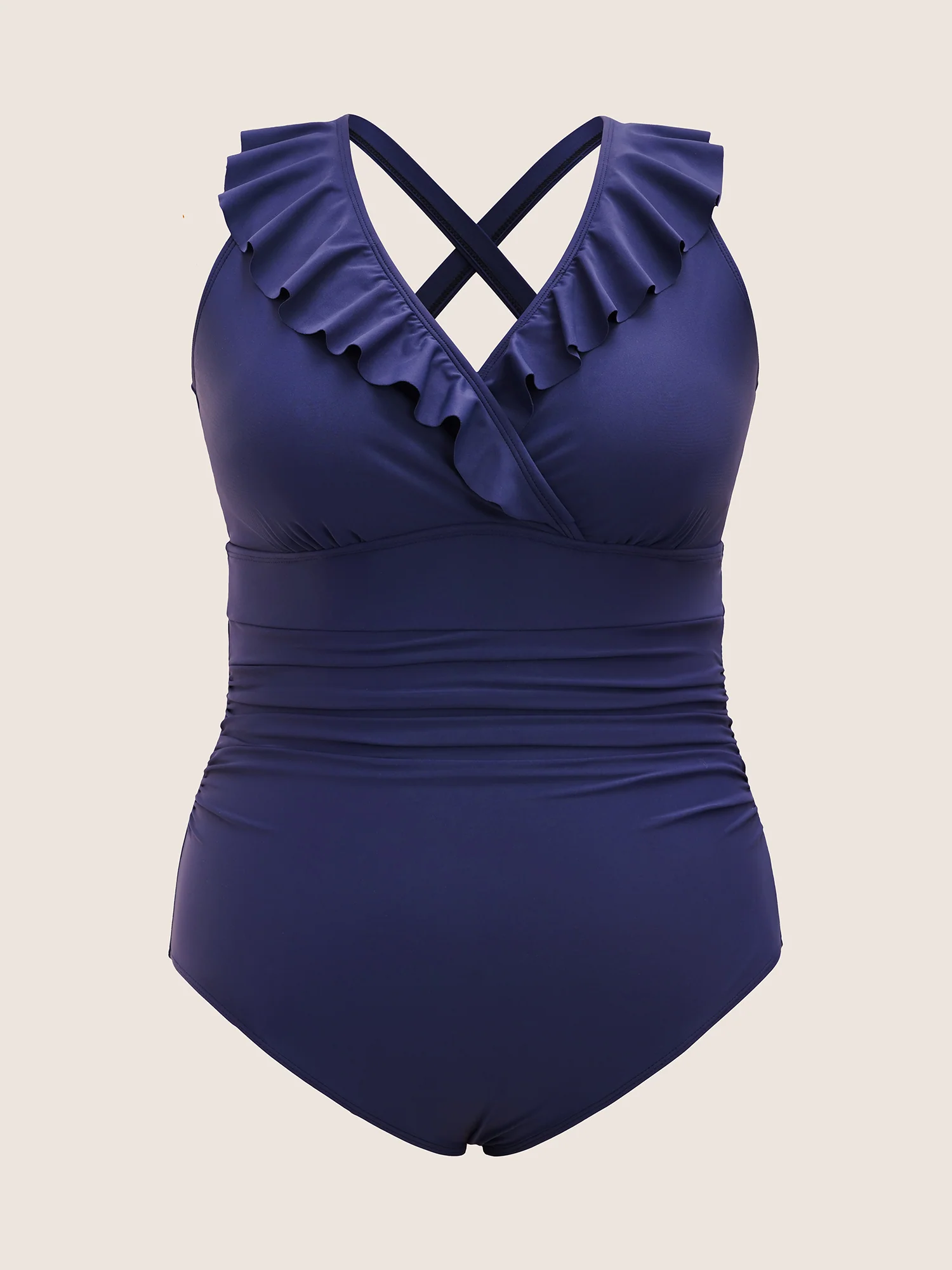 Plain Ruffle Trim Gathered One Piece Swimsuit - Image 10