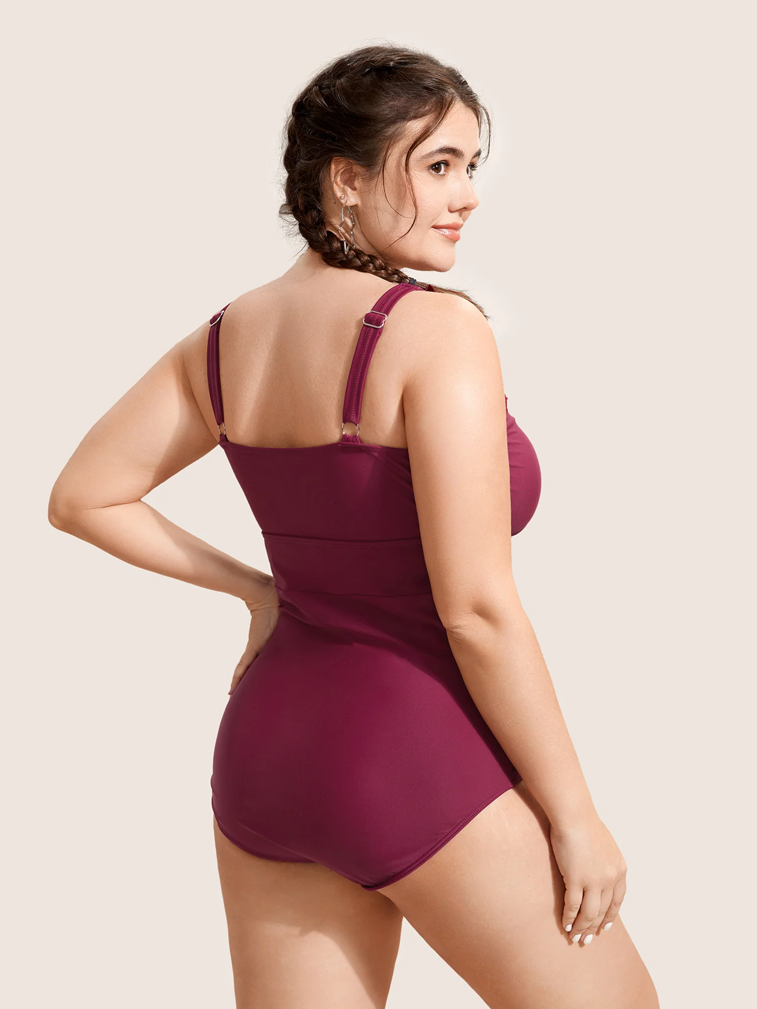 Plain Ruffle Trim Gathered Sleeveless One Piece Swimsuit - Image 2