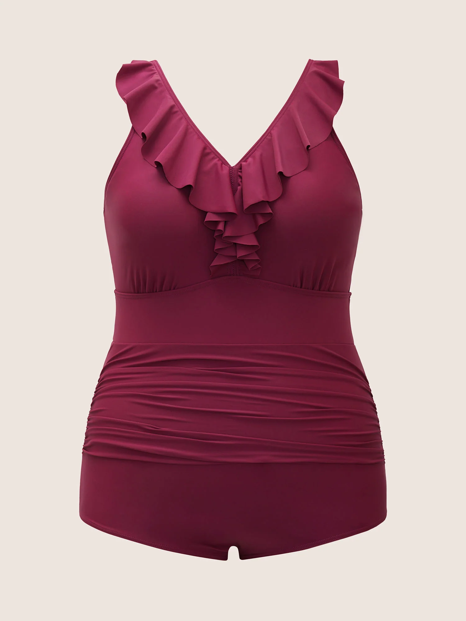 Plain Ruffle Trim Gathered Sleeveless One Piece Swimsuit - Image 8