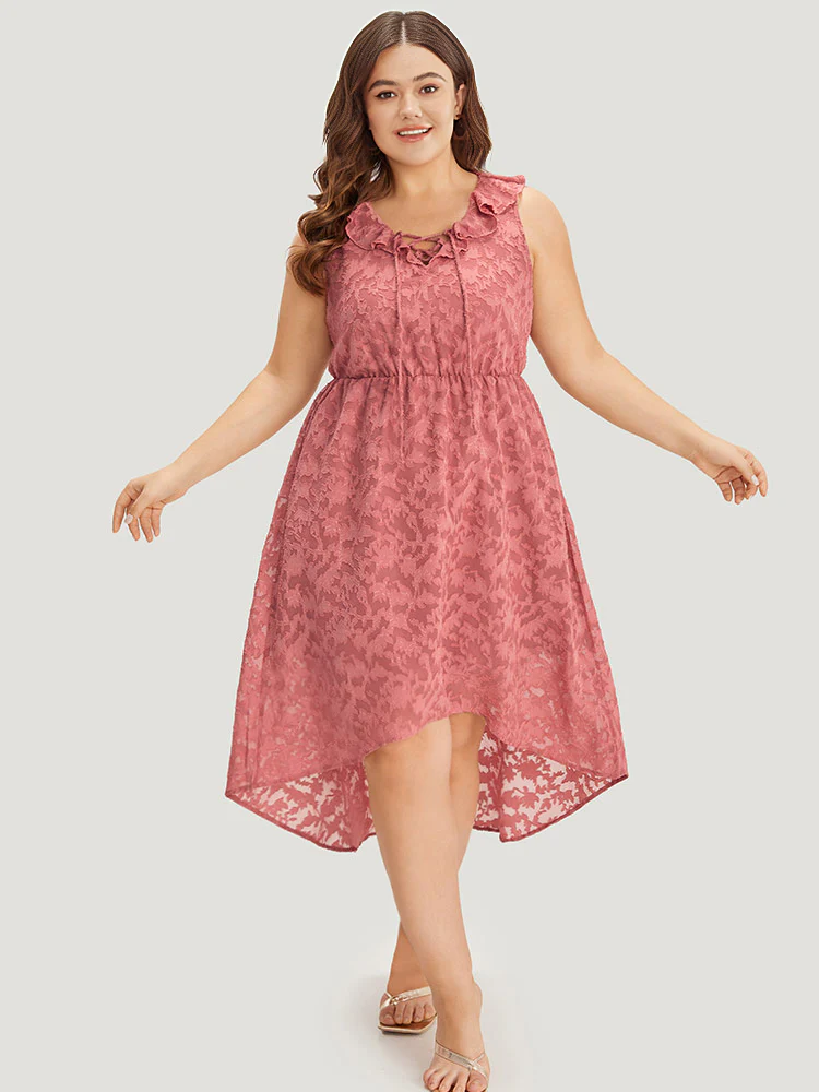Plain Ruffle Trim Pocket Tie Neck Lace Up Dress - Image 2