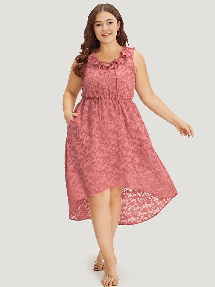 Plain Ruffle Trim Pocket Tie Neck Lace Up Dress - Image 3