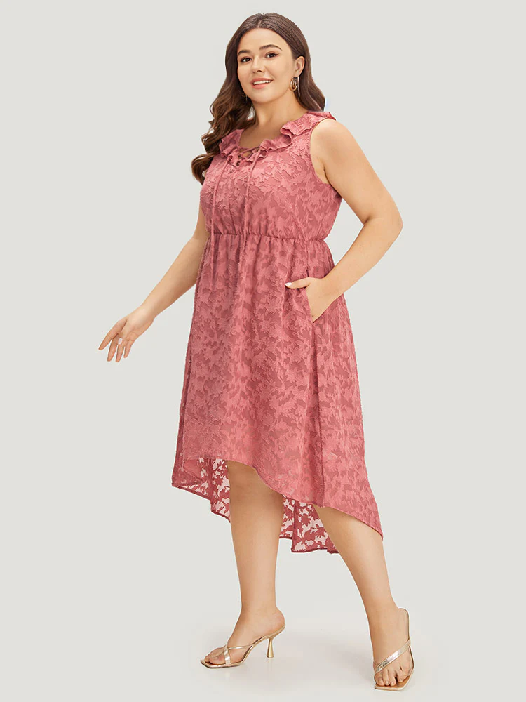 Plain Ruffle Trim Pocket Tie Neck Lace Up Dress - Image 4