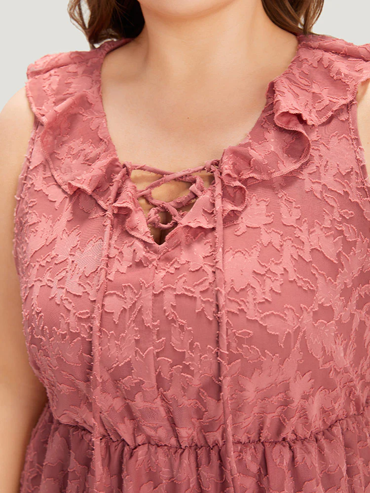 Plain Ruffle Trim Pocket Tie Neck Lace Up Dress - Image 6