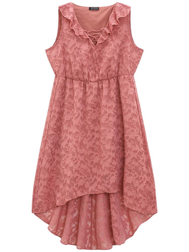 Plain Ruffle Trim Pocket Tie Neck Lace Up Dress - Image 9
