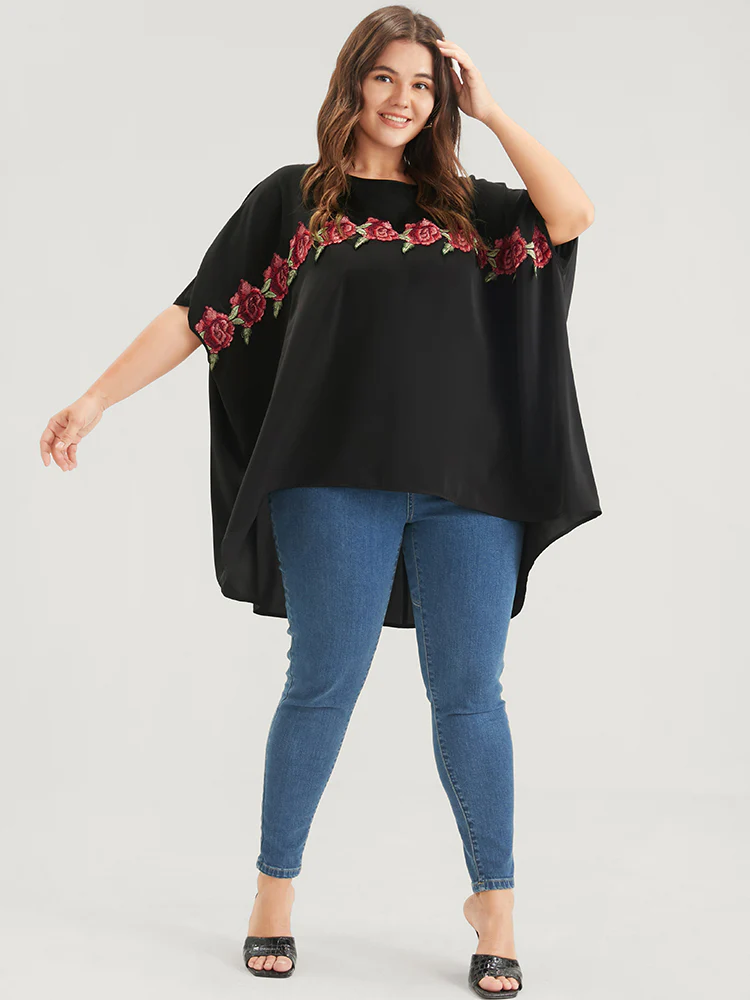 Plain Ruffles Asymmetrical Hem Dolman Sleeve Embroidered  Blouse - Image 2