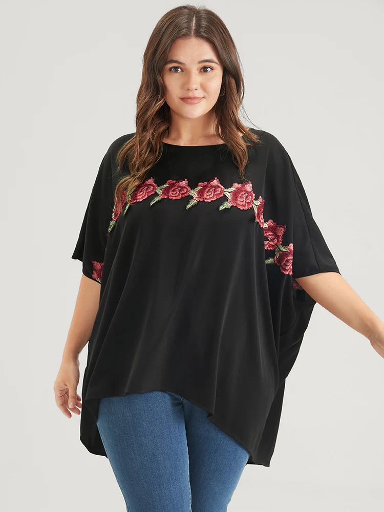 Plain Ruffles Asymmetrical Hem Dolman Sleeve Embroidered  Blouse - Image 3