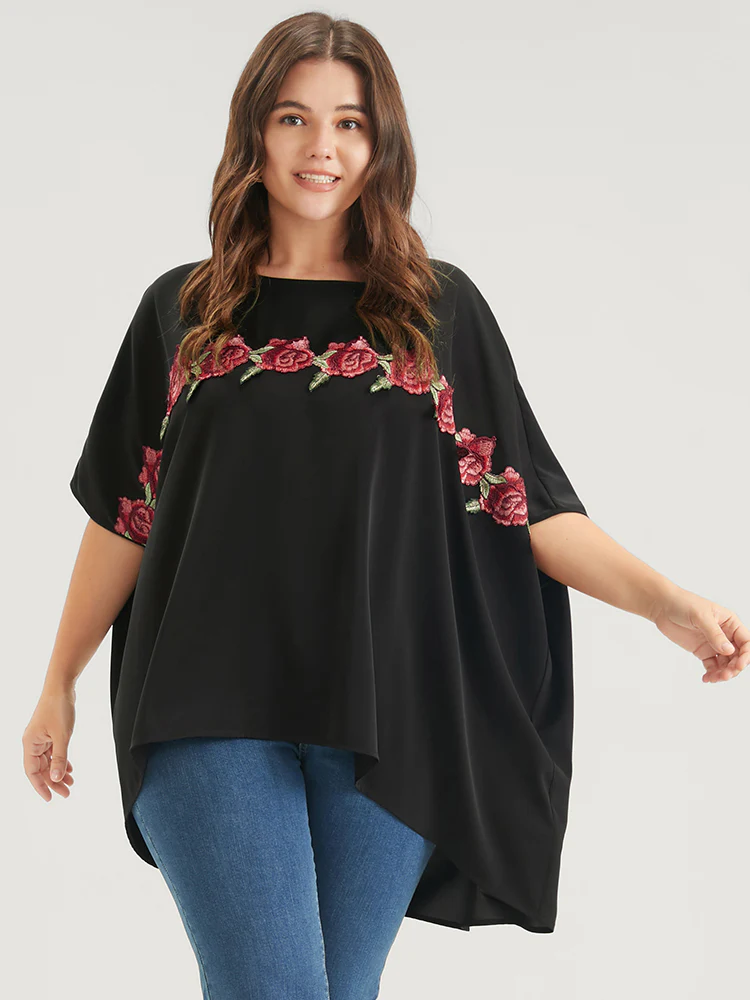 Plain Ruffles Asymmetrical Hem Dolman Sleeve Embroidered  Blouse - Image 4