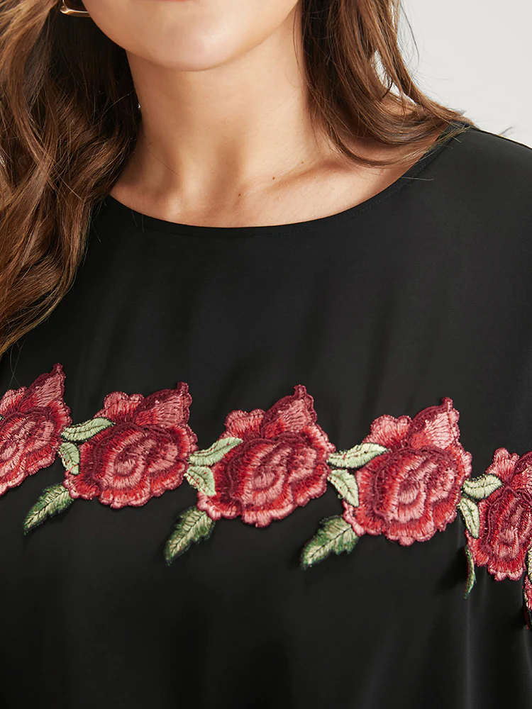 Plain Ruffles Asymmetrical Hem Dolman Sleeve Embroidered  Blouse - Image 5