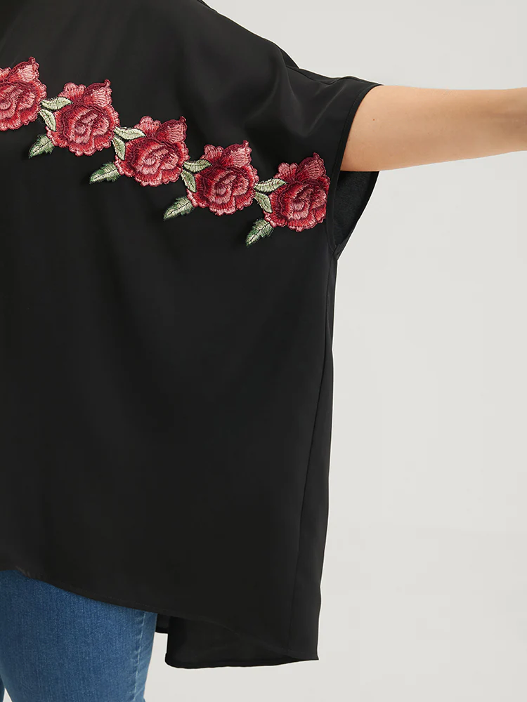 Plain Ruffles Asymmetrical Hem Dolman Sleeve Embroidered  Blouse - Image 6