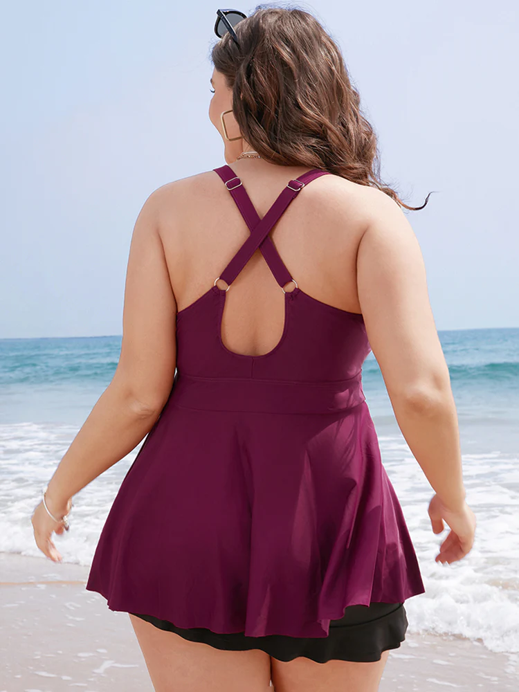Plain Ruffles Crossover Back Adjustable Straps Tankini Top - Image 2