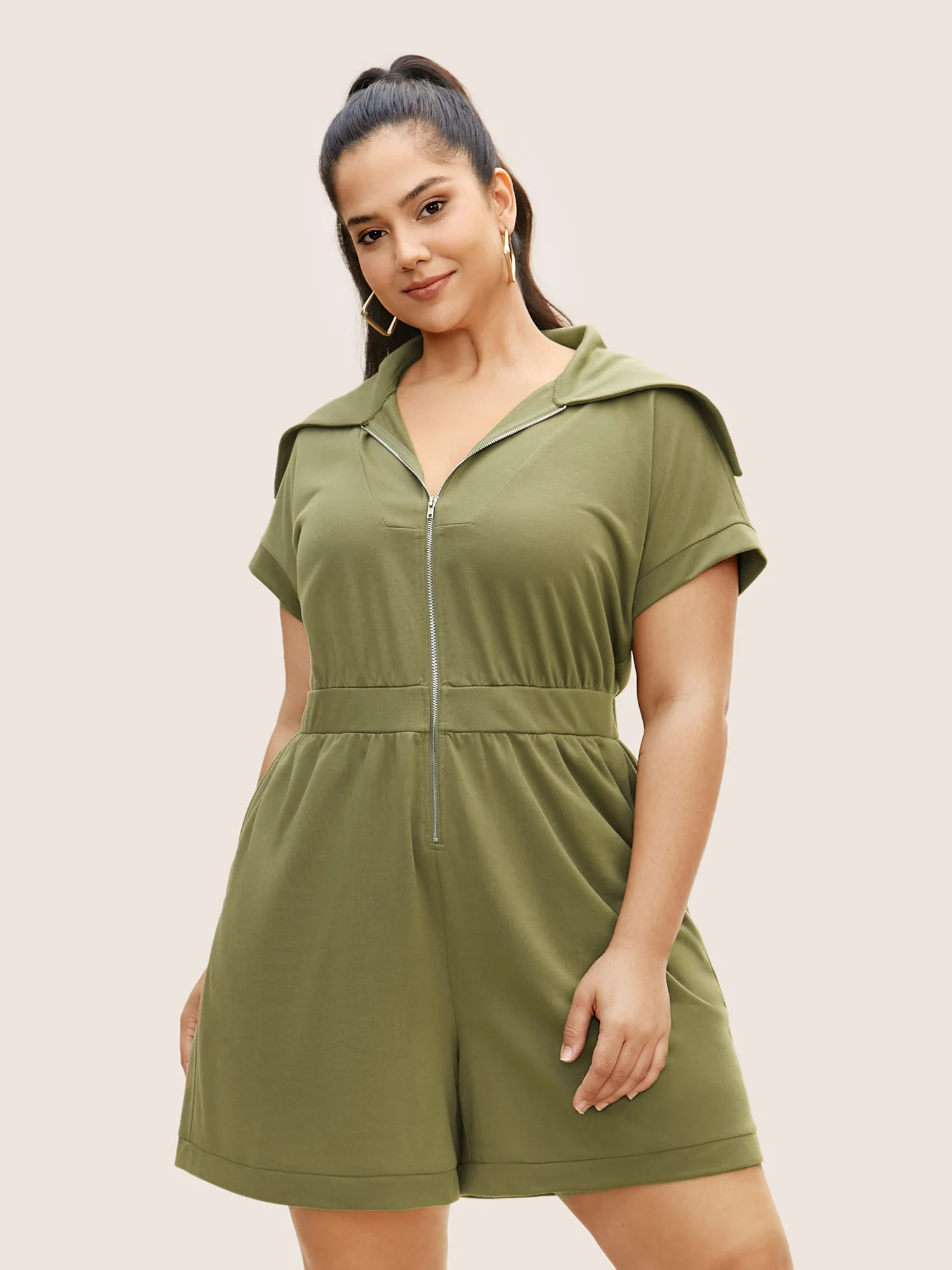 Plain Sailor Collar Half Zip Jumpsuit