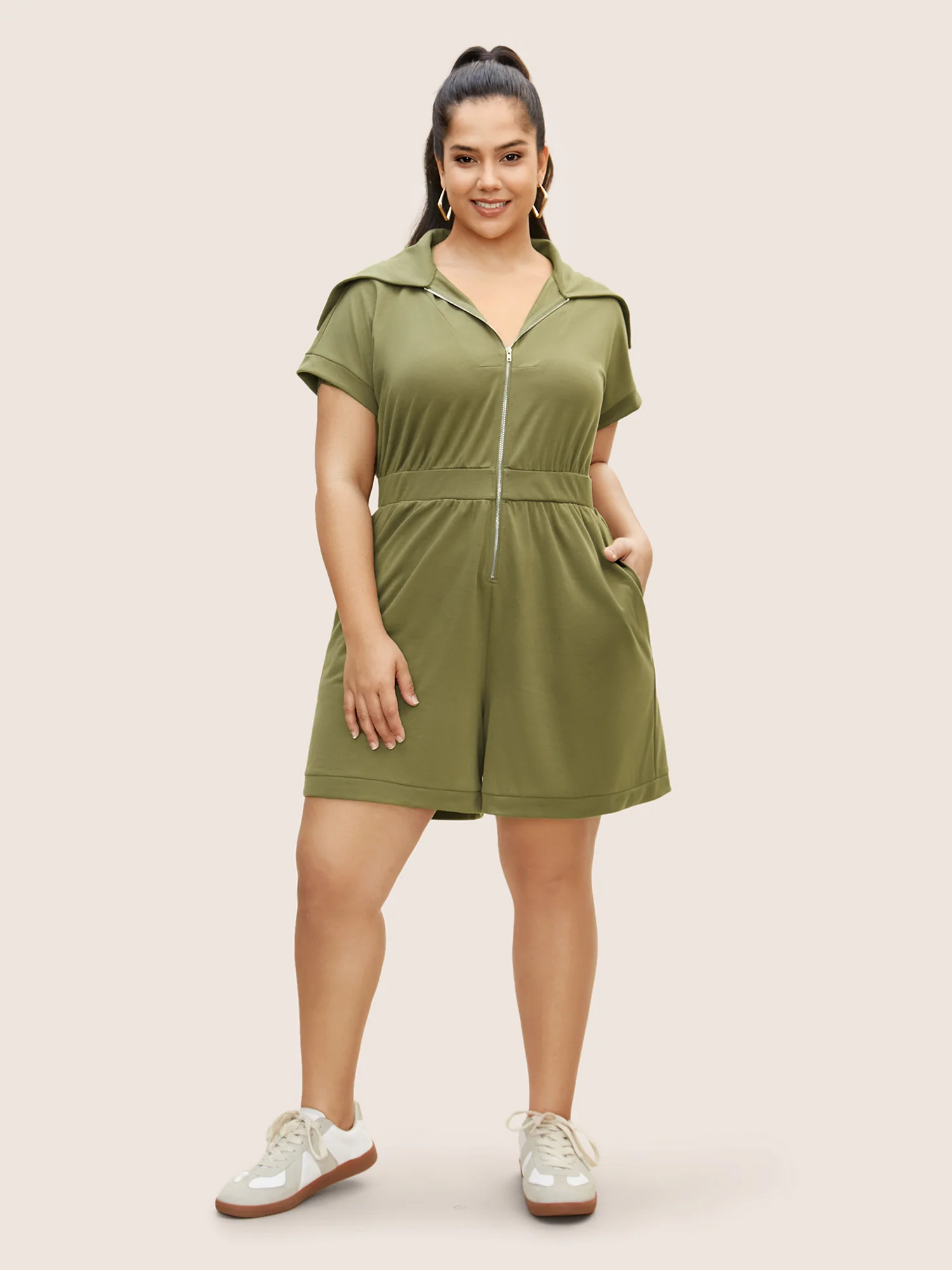 Plain Sailor Collar Half Zip Jumpsuit - Image 2