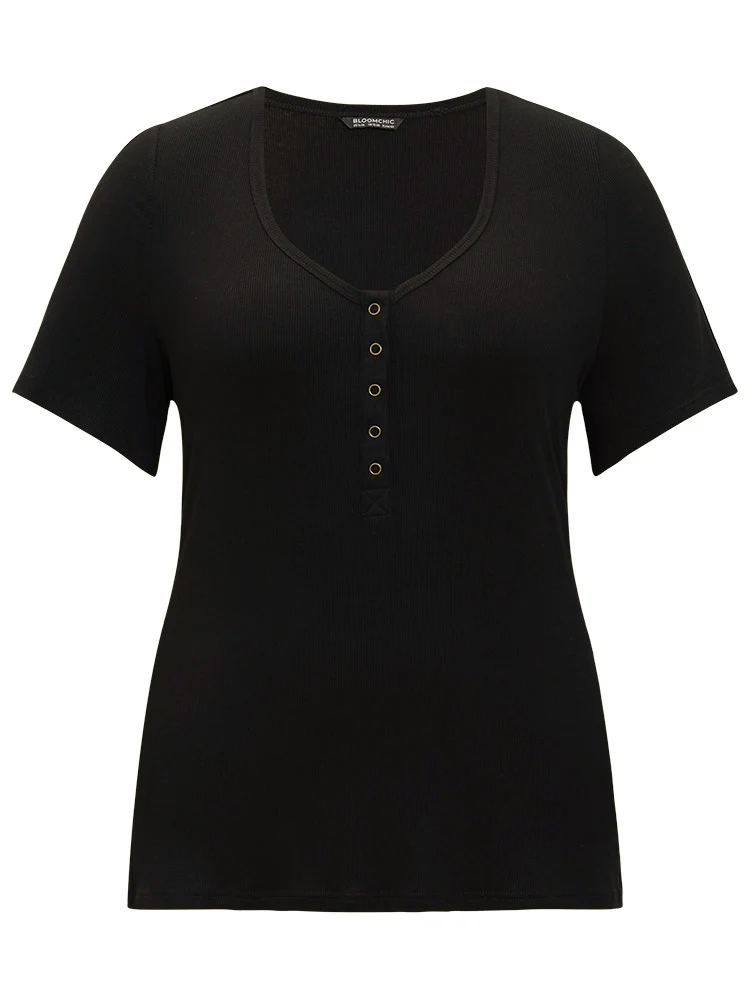 Plain Scoop Neck Button Through Rib Knit T-shirt - Image 10