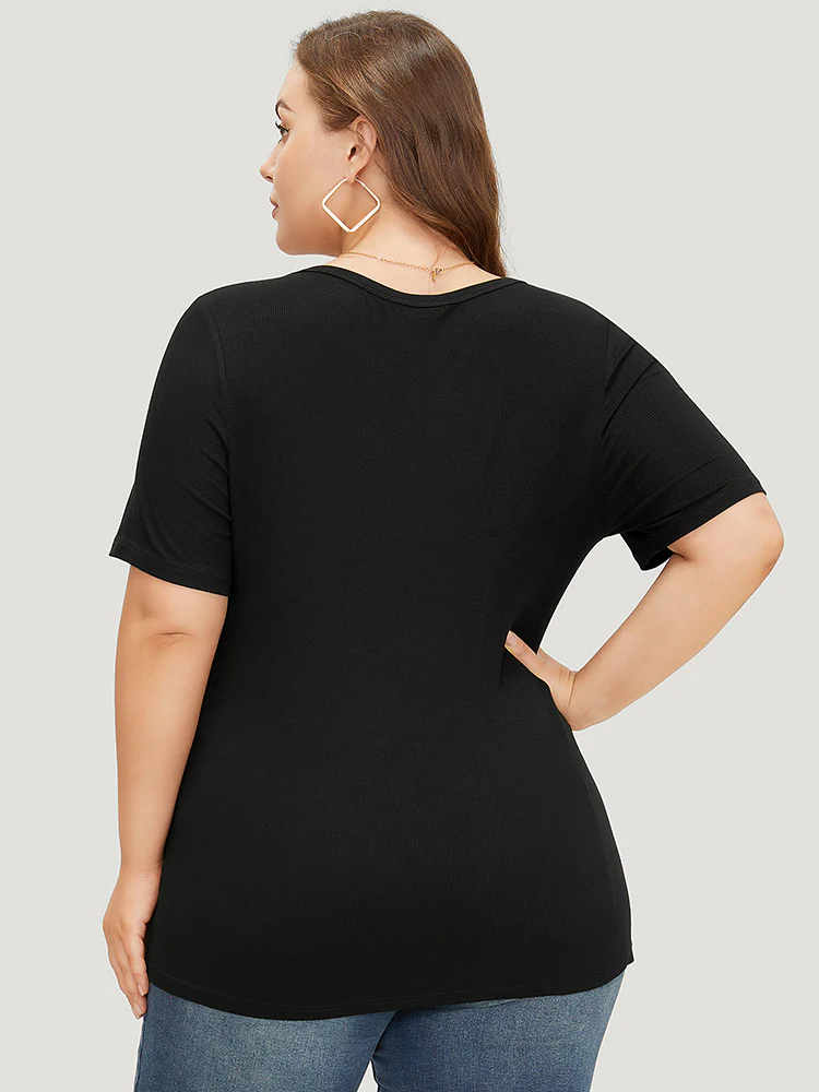 Plain Scoop Neck Button Through Rib Knit T-shirt - Image 2