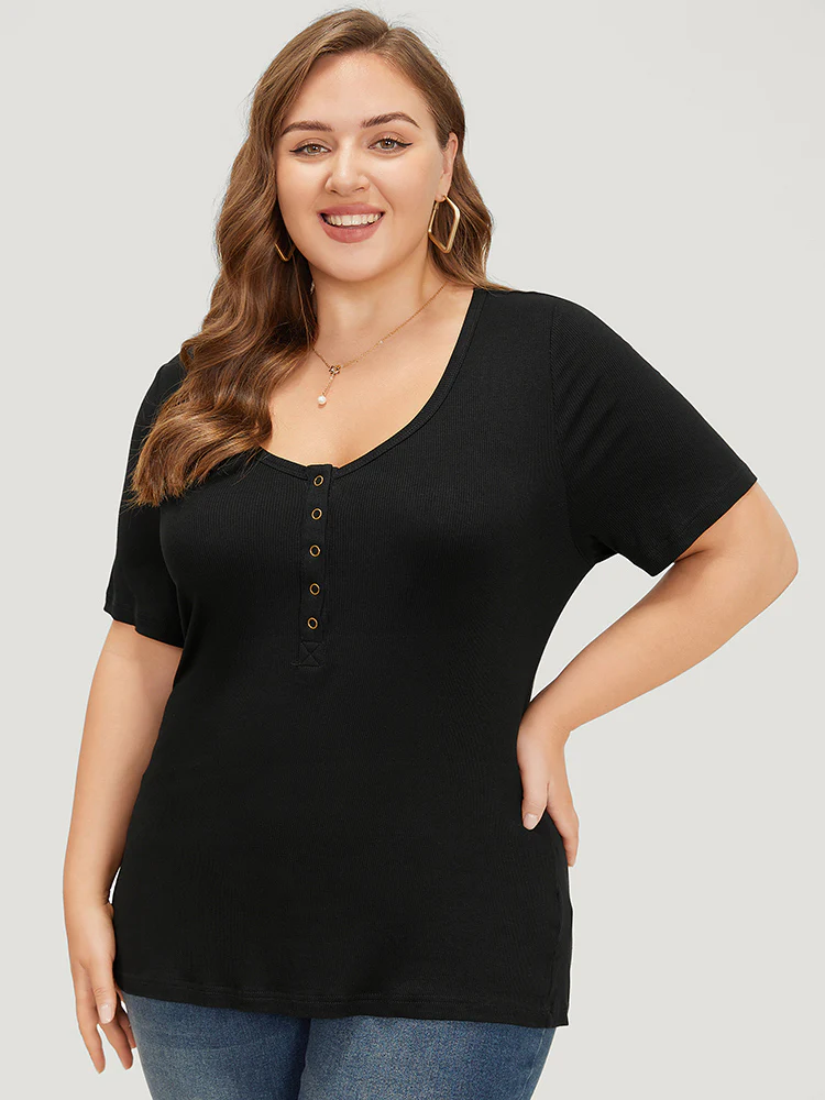 Plain Scoop Neck Button Through Rib Knit T-shirt - Image 3