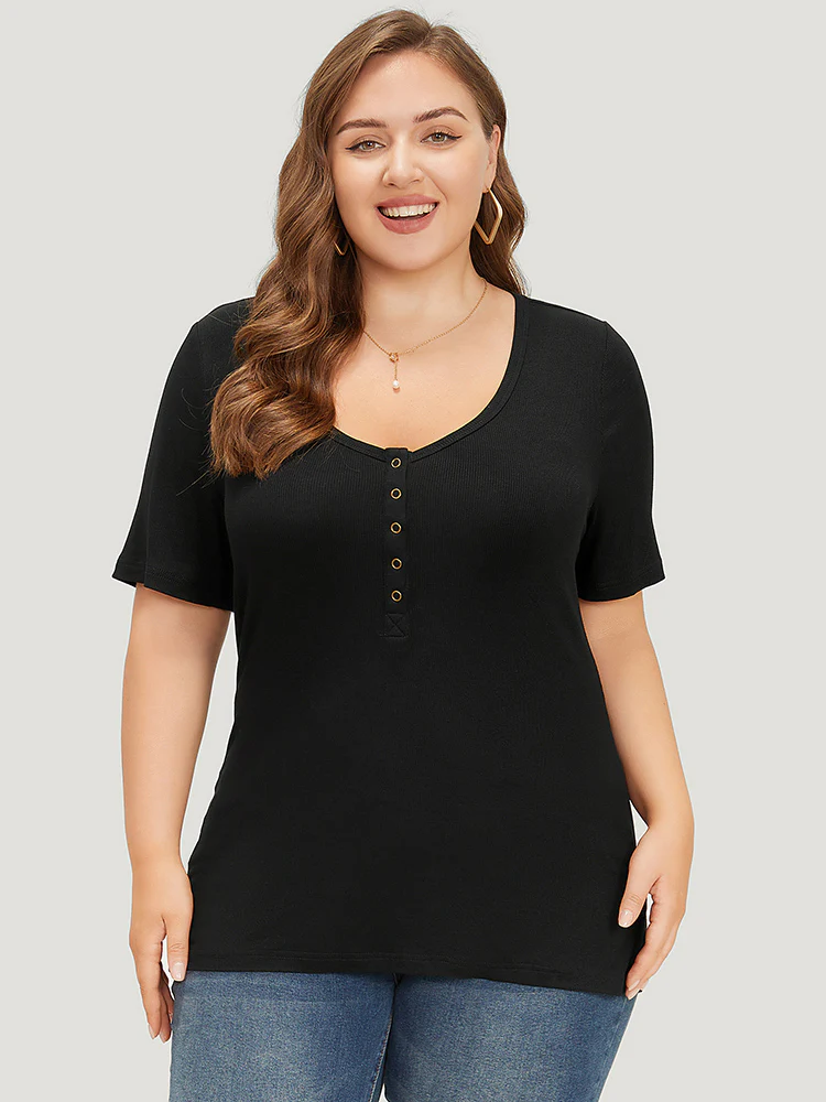 Plain Scoop Neck Button Through Rib Knit T-shirt - Image 5