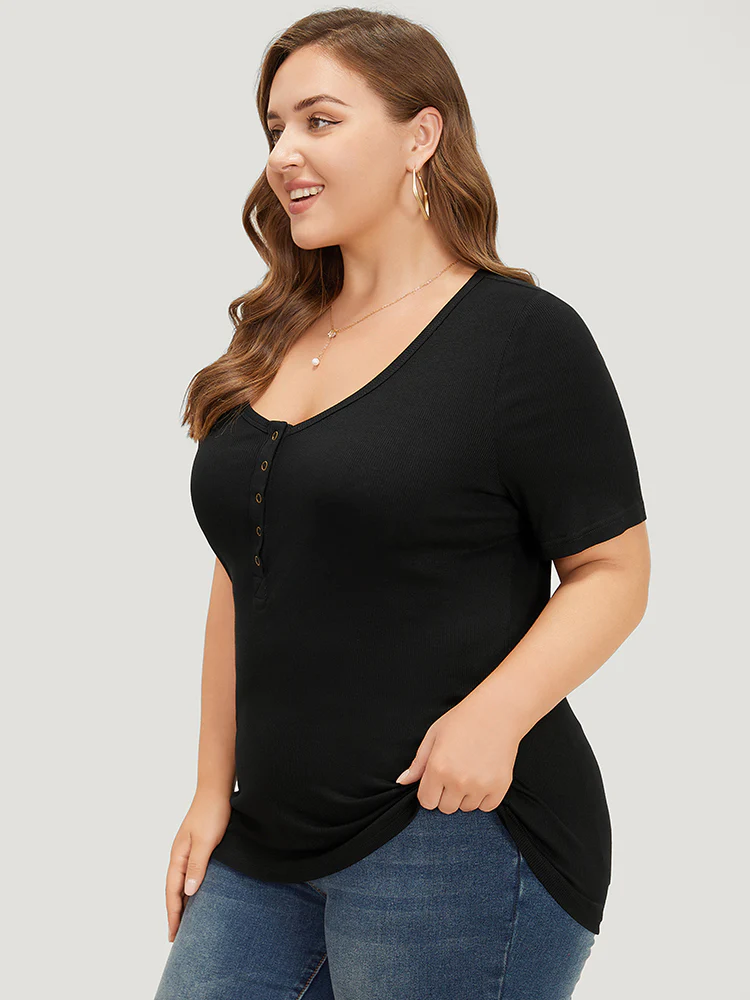 Plain Scoop Neck Button Through Rib Knit T-shirt - Image 6