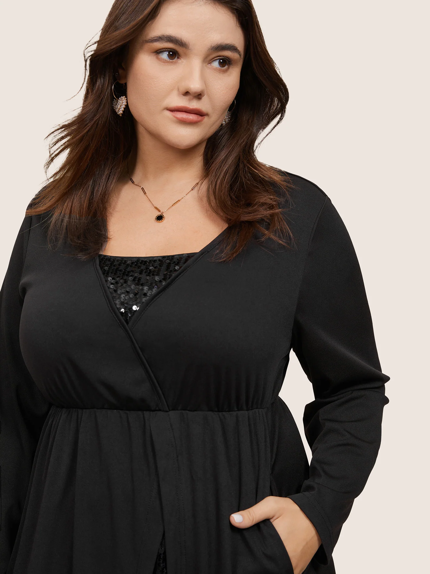 Plain Sequin Patchwork Elastic Waist Dress - Image 2