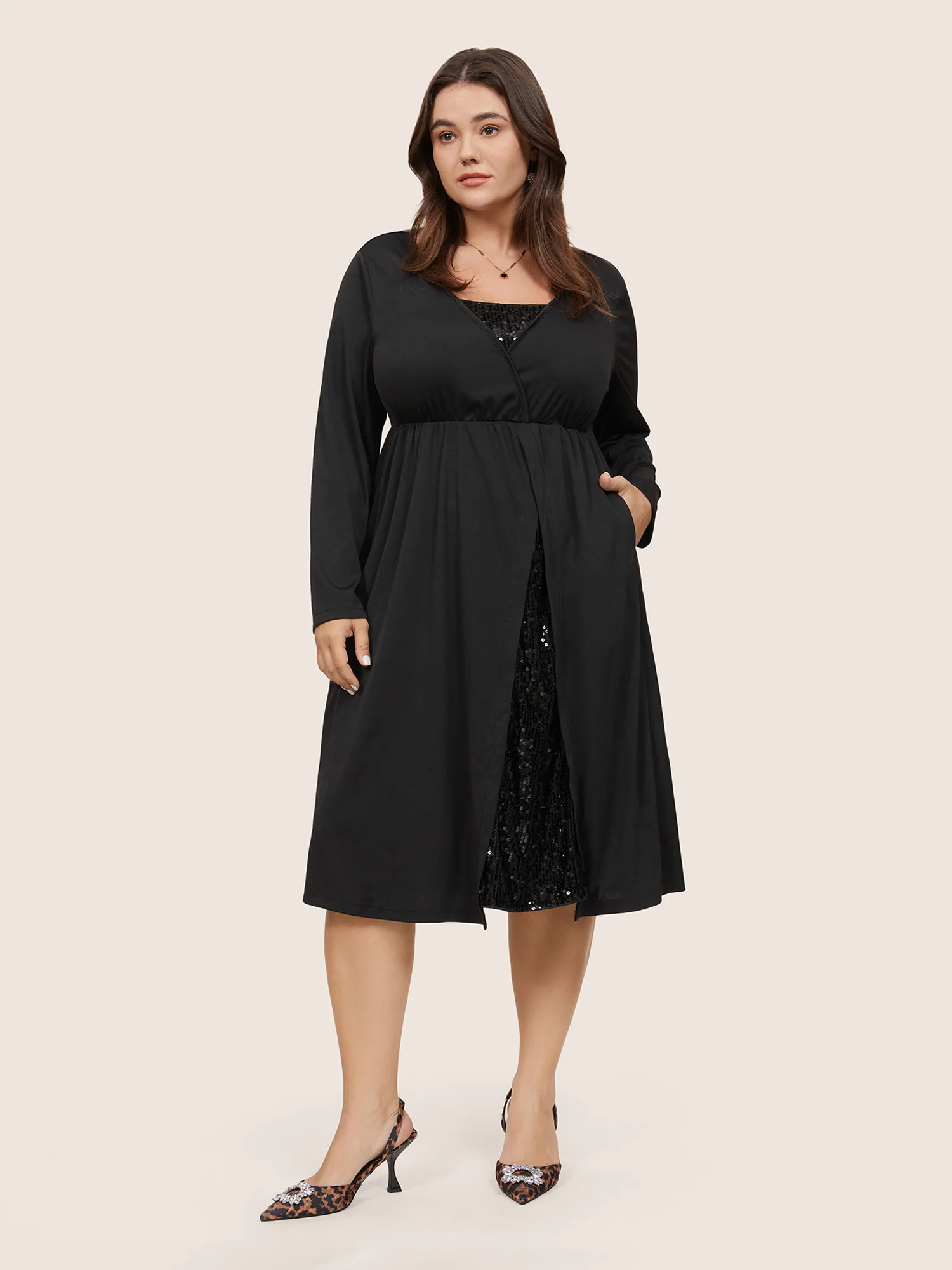 Plain Sequin Patchwork Elastic Waist Dress - Image 3