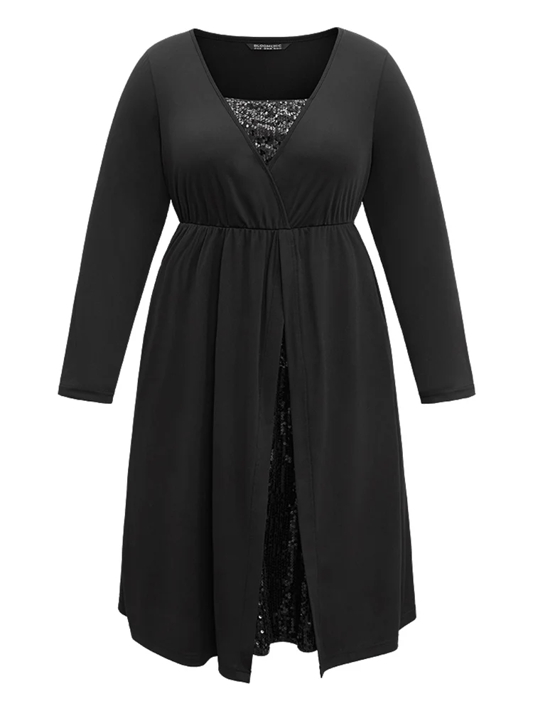Plain Sequin Patchwork Elastic Waist Dress - Image 5