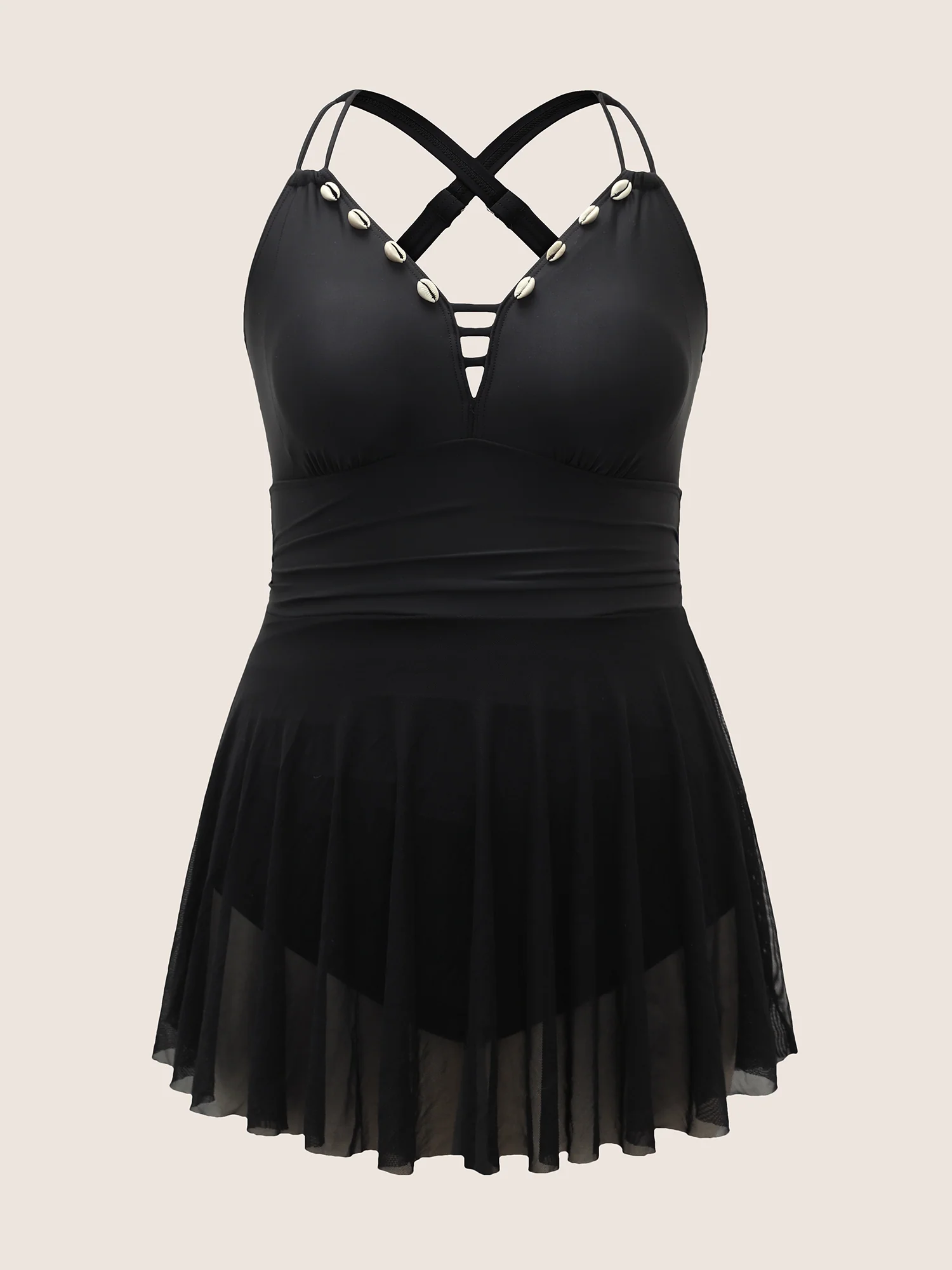 Plain Shell Detail Cut Out Gathered Swim Dress - Image 6