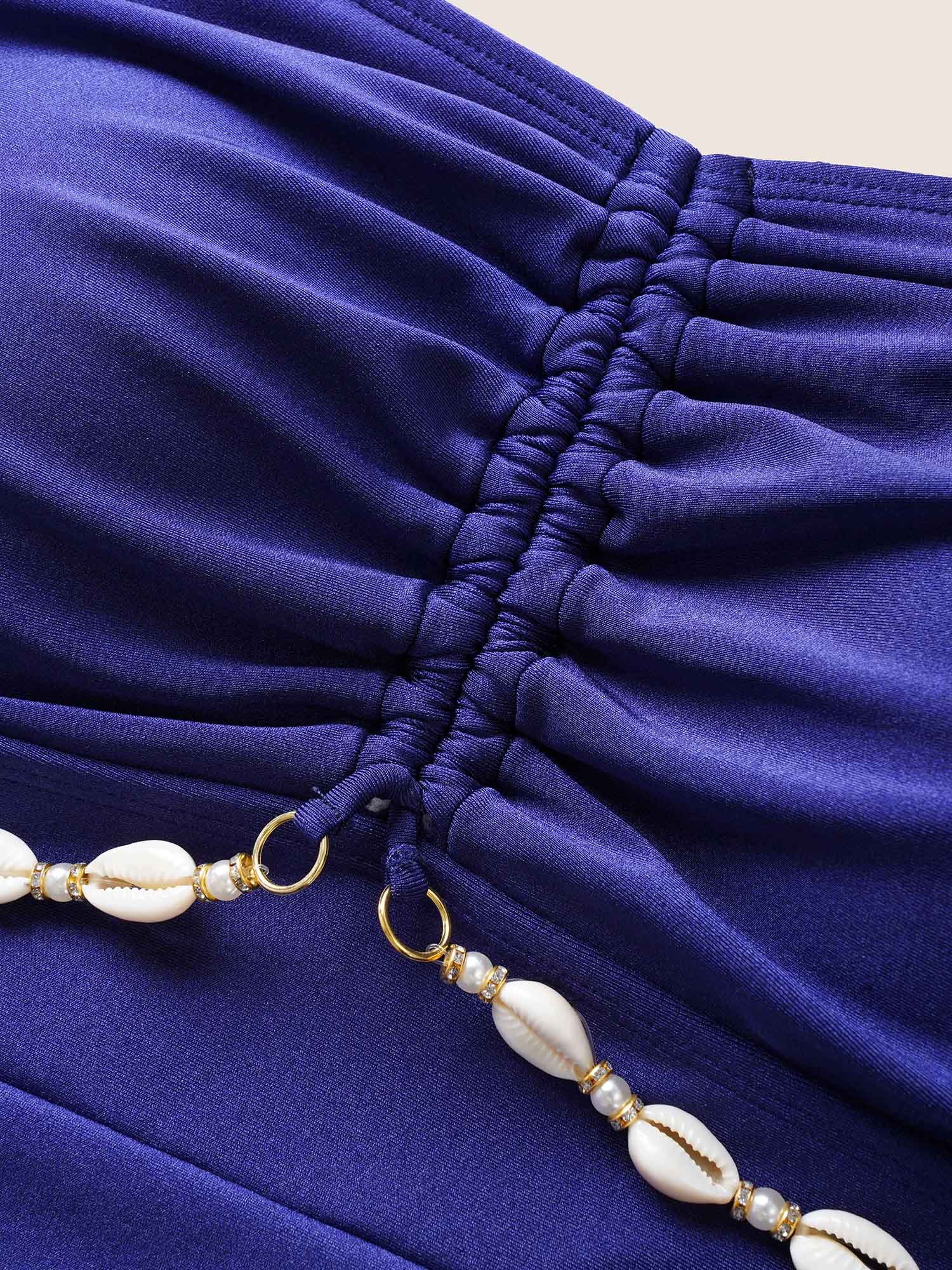 Plain Shell Detail Gathered One Piece Swimsuit - Image 6