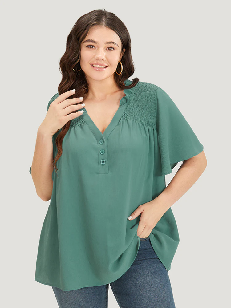 Plain Shirred Button Through Frill Trim Stand Collar Blouse - Image 2