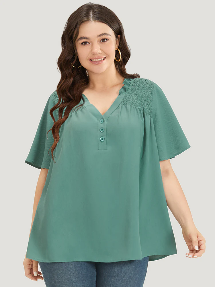 Plain Shirred Button Through Frill Trim Stand Collar Blouse - Image 3