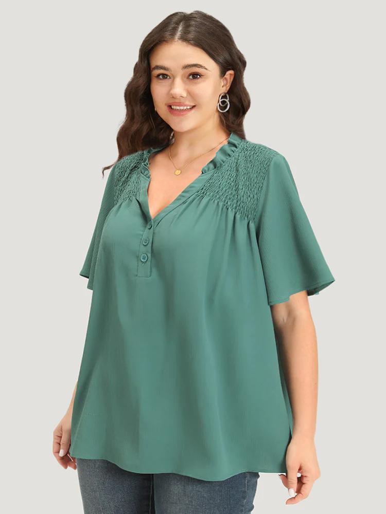Plain Shirred Button Through Frill Trim Stand Collar Blouse - Image 4