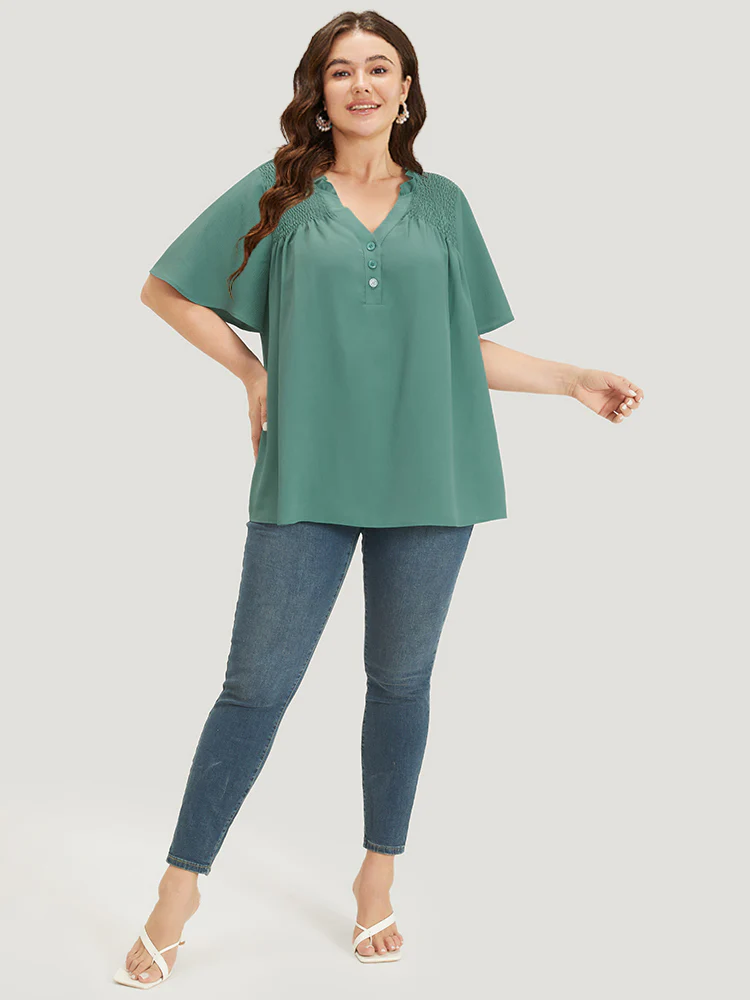 Plain Shirred Button Through Frill Trim Stand Collar Blouse - Image 5